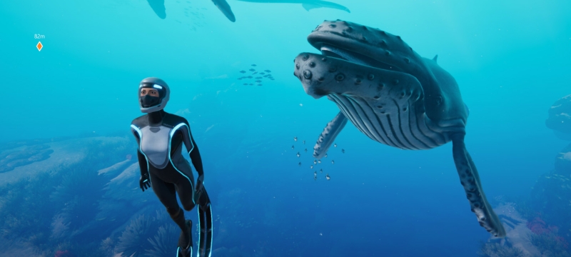 CGI image of whale and diver in the deep sea