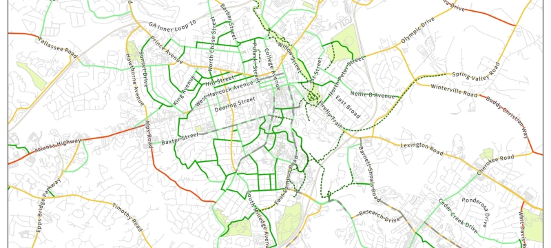 map graphic, with lines and streets highlighted in colors