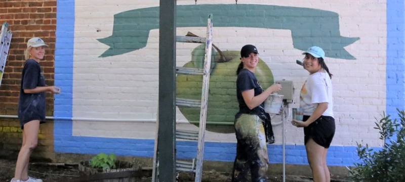photo of three women painting a mural