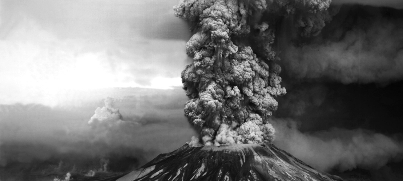 black and white photo of volcanic eruption