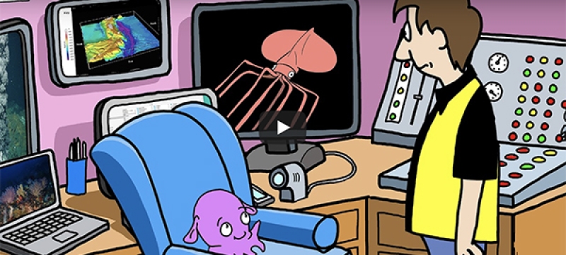 cartoon still with boy and octopus in office