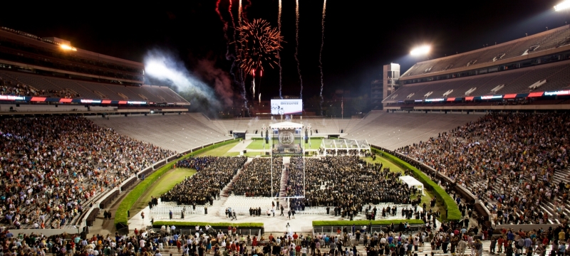 photo of stadium with fireworks at commencement