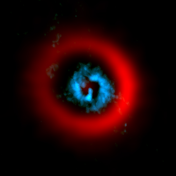 telescope image with red ring and blue center in dark space