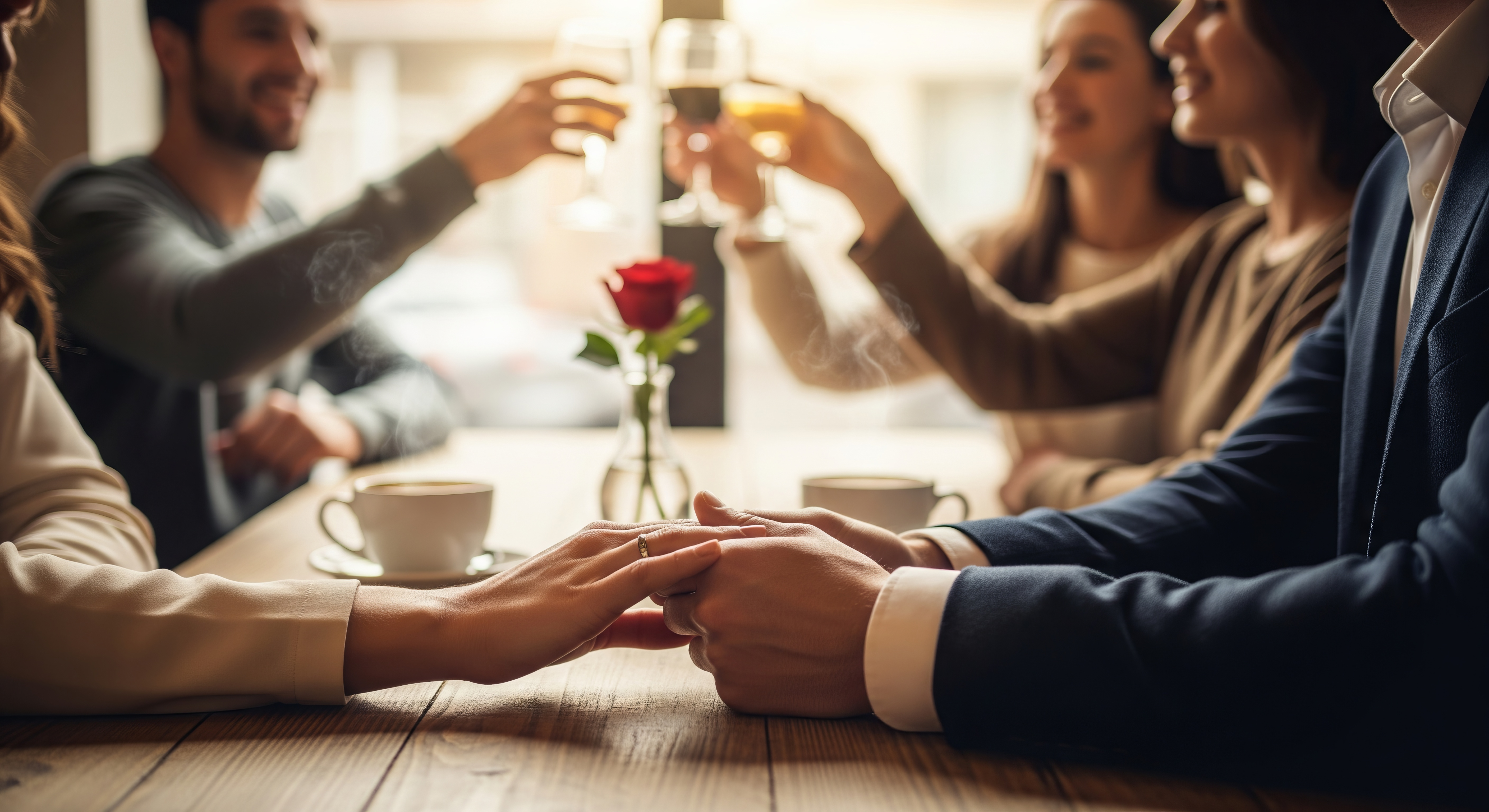 four people toasting over drinks 