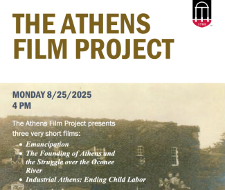 graphic with text and aged photo of building with kudzu