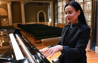 photo of woman playing piano, interior