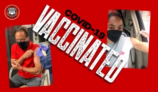 graphic with photos of two people getting vaccinated, red background