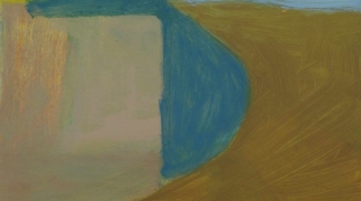 section of a painting with white, blue and tan abstract shapes