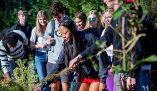 photo of students in garden with medicinal plants 