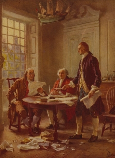 painting of three men at a table, two seated, with papers and window