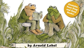 cartoon book cover with toad reading book to frog