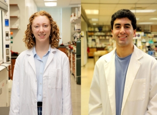 side-by-side photos of woman, left, and man, in lab coats