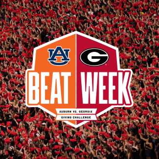 graphic with super G and Auburn logos, crowd photo in background