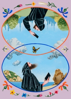 graphic image with inverted monks, top and bottom, butterfly