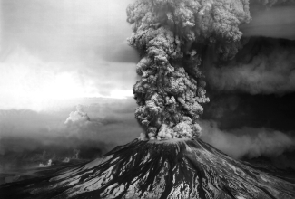 black and white photo of volcanic eruption
