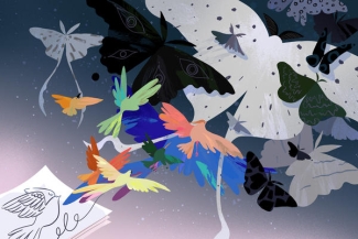 graphic with colorfully drawn birds and paper