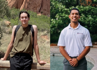 side-by-side photos of men, each outdoors