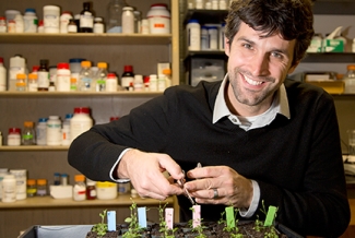 man in lab with plants