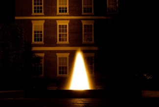 buildings with fountain and light, night