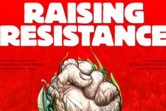graphic on red, with plant fist