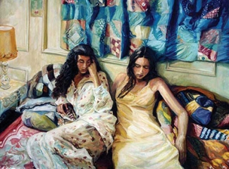 painting of two women, with quilts