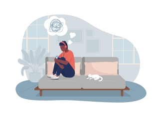 graphic illustration with person on couch with headphones, cat