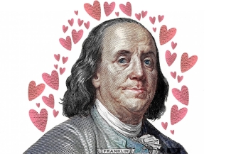 graphic of Benjamin Franklin, surrounded by hearts