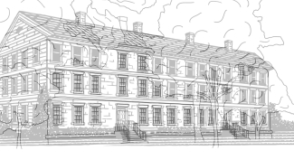 b/w drawing of building