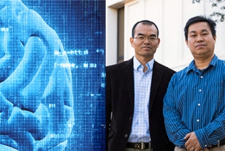 brain graphic, with photo of two men