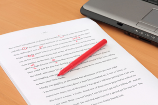 photo of paper with text, red pen, and laptop