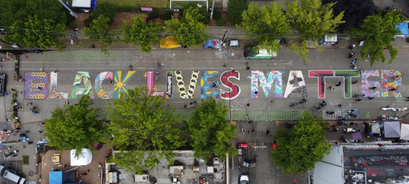 aerial photo of street with Black Lives Matter written on pavement