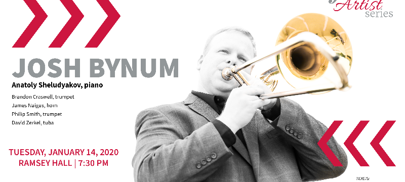 graphic with photo of man playing trombone, red letters
