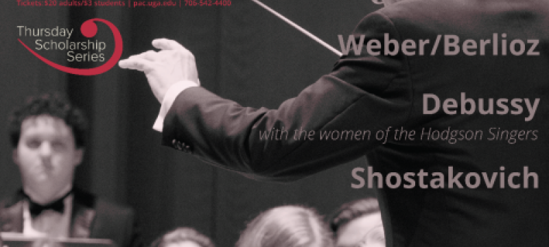 black and white photo of conductor, with white text 
