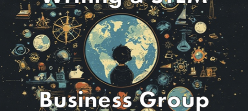 graphic with scientific icons, globe, white text