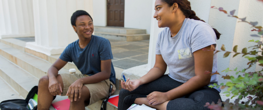 International affairs and arabic double major Jailen Gary, left, and social work and sociology major Reeya Hoosain both of Grovetown, Ga study together for an Arabic Test on the steps of the Chapel on a fall day.