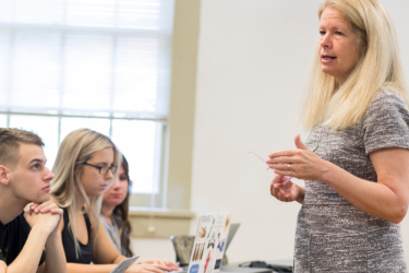 SPIA Professor Susan Haire teaching her research methods during a criminal justice class in one of the classrooms in Candler Hall.