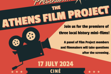 Graphic with text, film projector, and reel