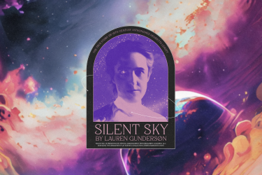 graphic with space photography, woman, and text in arch