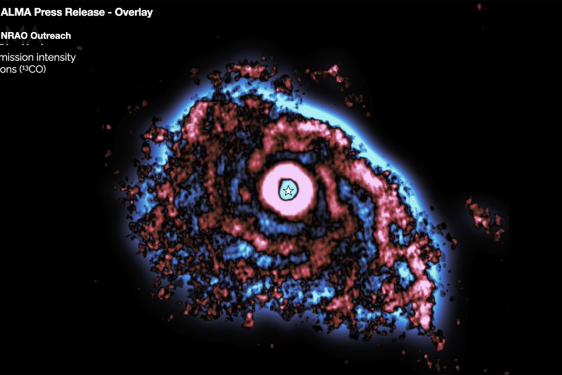 digital image of planetary disk, with blue, red, and space in black