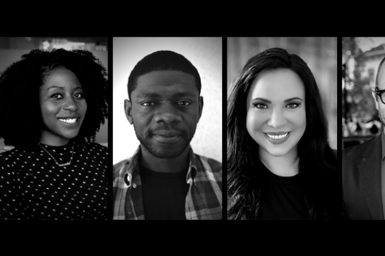 headshots of four people, with red block and logo