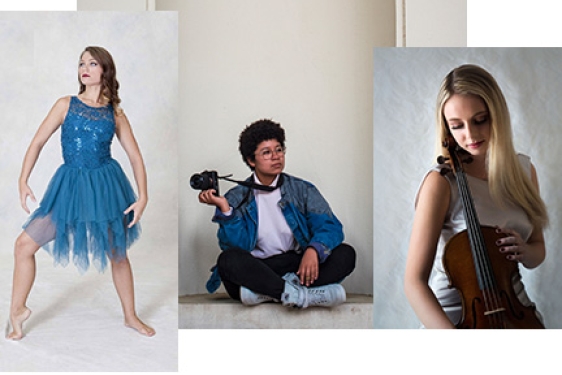 Collage of three photos - dancer, photographer, violinist