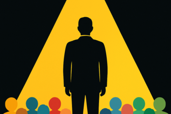 graphic with outlines of person, spotlight, crowd