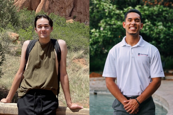 side-by-side photos of men, each outdoors
