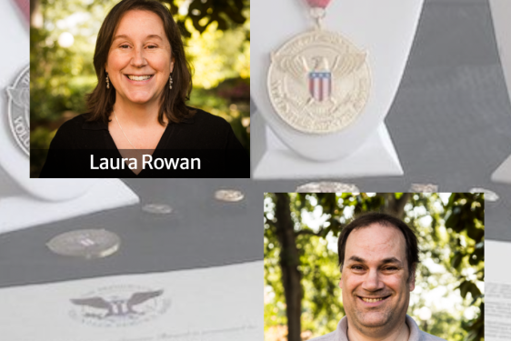 graphic with two headshot photos, medals, in diagonal corners