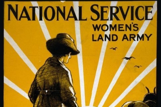 yellow and white poster graphic of woman, plow, sun rise