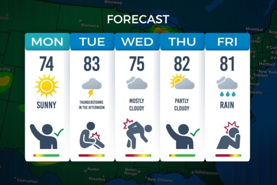 graphic with weekday weather forecast and temperature