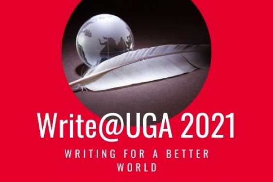 graphic with quill pen and globe on red with white text