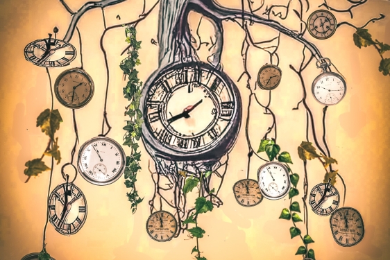 illustration with plants, roots and clocks