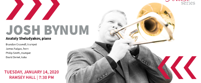graphic with photo of man playing trombone, red letters