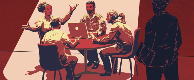 graphic with image of people sitting, talking at a table